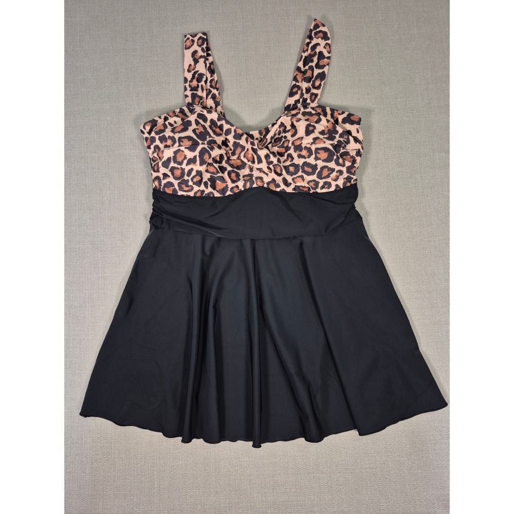 Aqua Eve Plus Size Leopard Print Tummy Control Swimdress Only Top Black 22W NEW